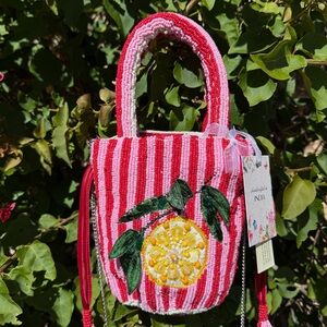 NWT Made in India Lemon Pink Red Striped Drawstring Cinch Top Handle Beaded Bag